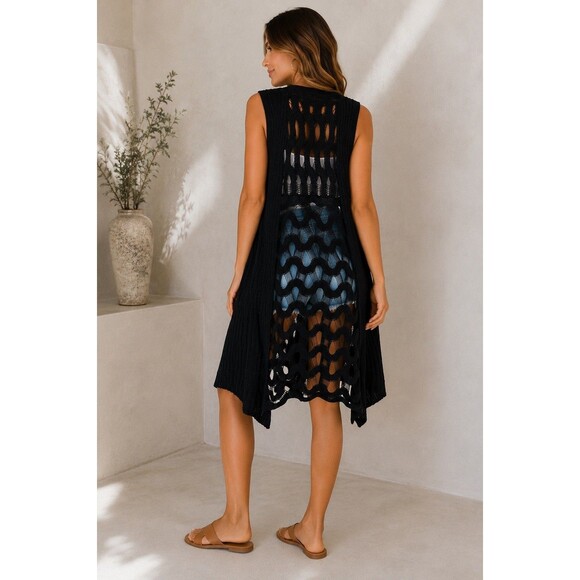 BCBGMAXAZRIA Jackets & Blazers - BCBG Draped Open Knit Tank Duster Waterfall Scarf Black Crochet Boho Longline XL